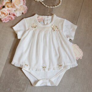 Ivory Smocked Romper Dress Cotton Pearls Boutique Baby Shower Gift Portrait NWT